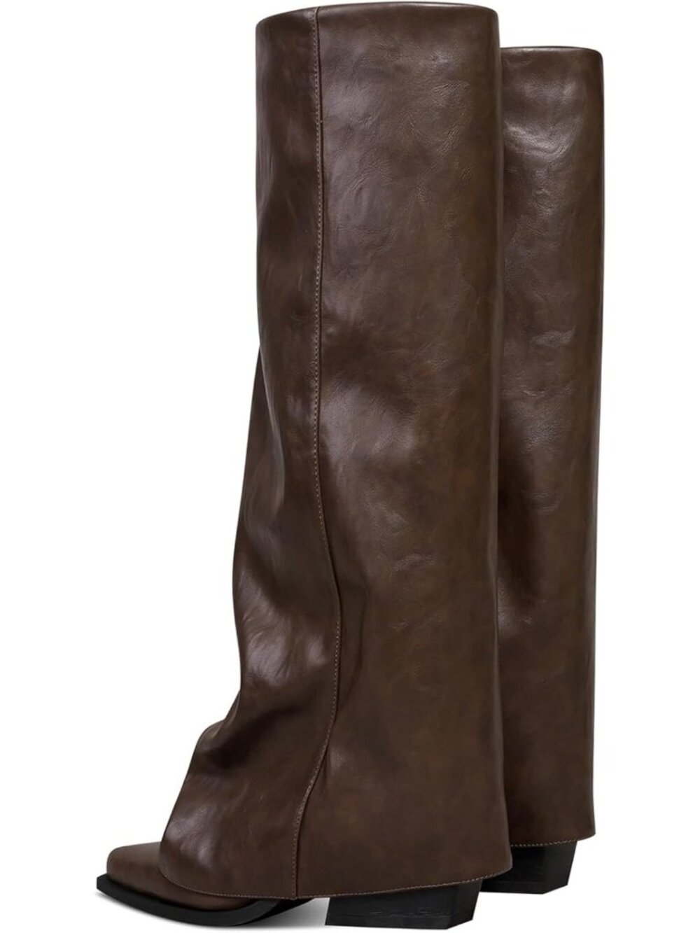 Women's Brown Faux Leather Fold Over Knee High Wide Calf Chunky Heel Long Boots - Picture 5 of 6